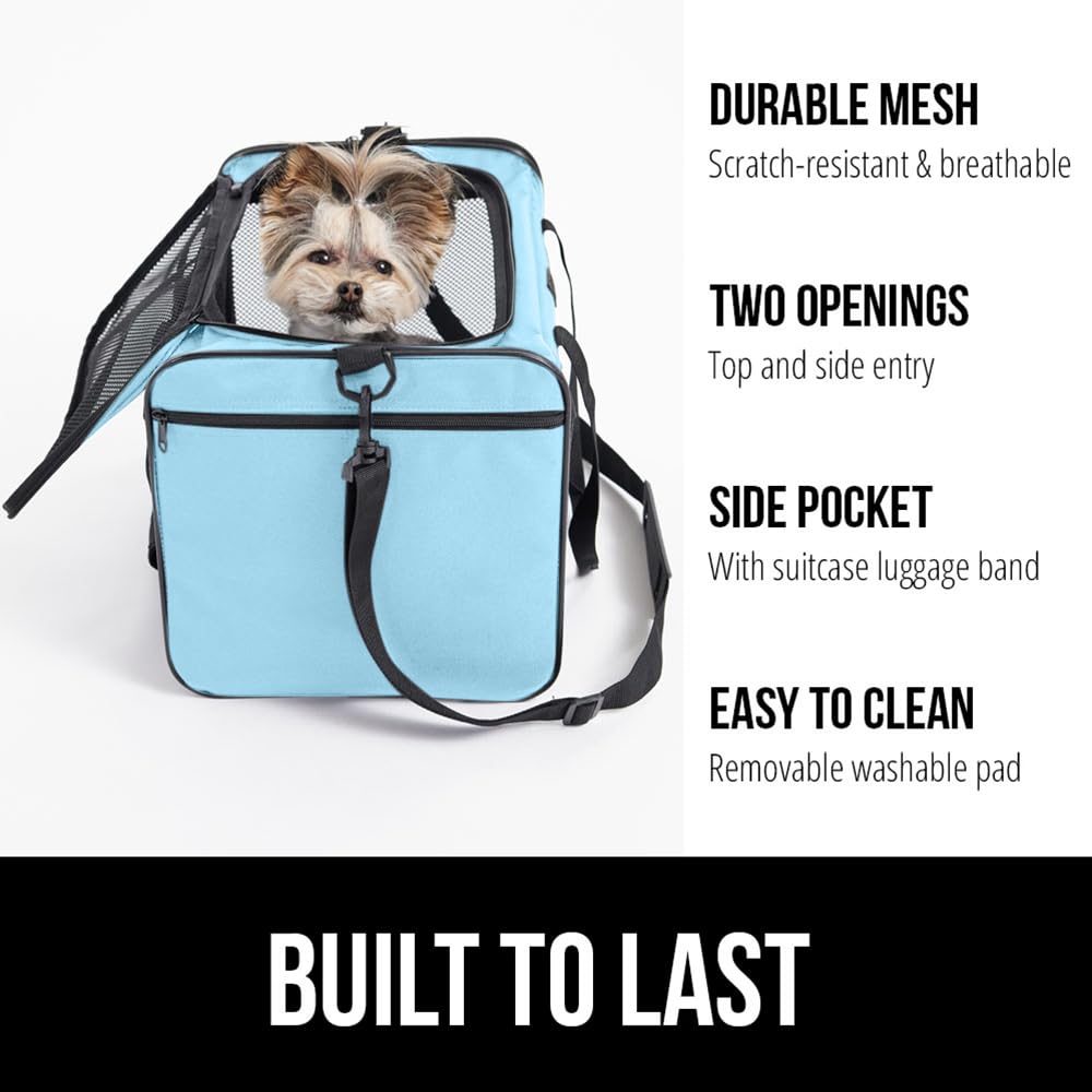 GORILLA GRIP Airline Travel Cat Carrier Bag Up to 15 Lbs, Breathable Mesh Collapsible Pet Carriers for Small, Medium Cats, Small Dogs, Puppies, Portable Kennel with Soft Washable, Light Blue