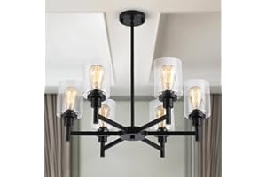 LIGHTDAMY Black Chandelier, 6 Light Farmhouse Chandeliers for Dining Room Light Fixtures Over Table, Industrial Hanging Lighting with Clear Glass Shade for Living Room Kitchen Island Bathroom Entryway Bedroom