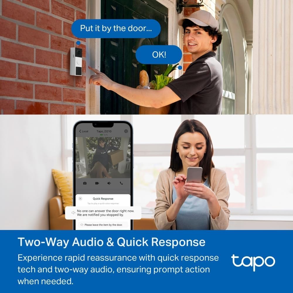 Tapo TD21 Battery Video Doorbell Wireless 2K 3MP Ultra-Clear Doorbell Camera, Ring Chime Included, Color Night, 160°DFOV Ultra-Wide, TP-Link Free AI Detection,IP65, 6-Month Battery,No Monthly Fee