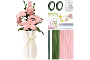 AHAMETON 379PCS Fluffy Pipe Cleaners Craft Supplies Pink Pipe Cleaners Green Bouquet Supplies Blossom Tulip Lily Pipe Cleaners Bulk DIY Flower Kit for Wedding Mother's Day Gift, Holiday Decoration