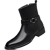 DADAWEN Men's Leather Chelsea Boots with Belt Buckle Fashion Classic Side Zipper Casual Chukka Booties Formal Ankle Dress Boots for Men