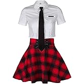 SFBBCLOZ Women's 2 Piece School Girl Outfit Costume Tie Shirt Plaid Skirt Set Club Cosplay School Girl Uniform Role Play Set(Red, L)