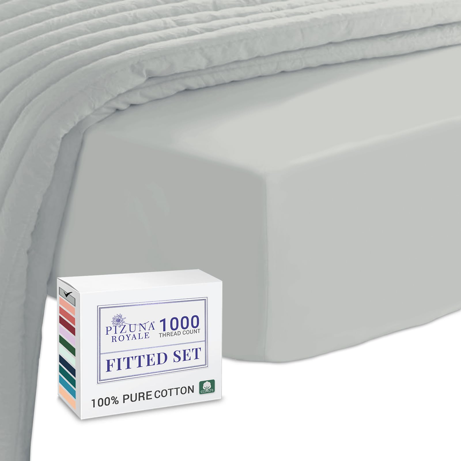 Pizuna Luxurious Cotton EU Single Fitted Sheet Silver, 1000 Thread Count 100% Long Staple Cotton Fitted Sheet Single Bed 100 X 200cm, Sateen Weave Thick Fitted Sheet Extra Deep 40 cm Fit - 1 PC