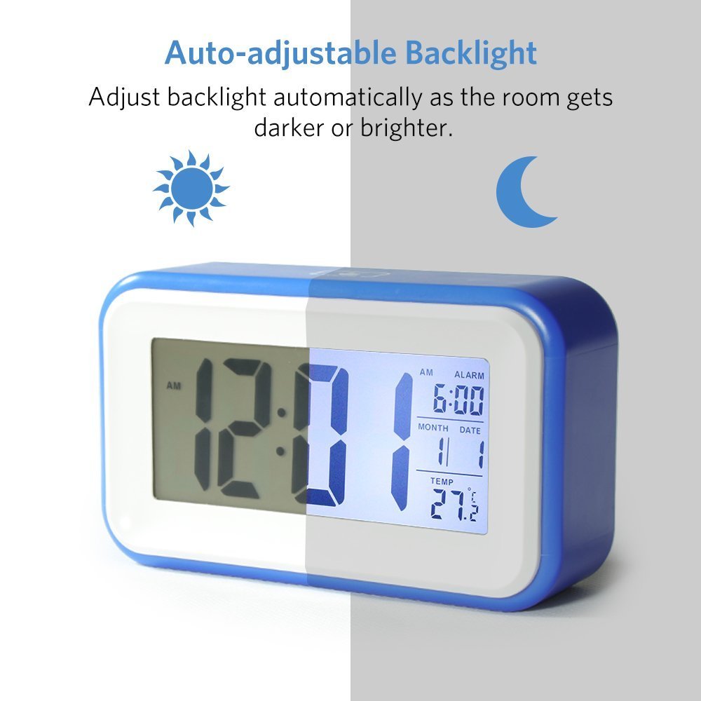 Reloj Despertador Digital VADIV CL01 Gran Pantalla Silencioso con Fecha Indicador de Temperatura Calendario y Luz de Noche Alarma con Sensor Táctil y de Luz Se Carga por USB o Batería AAA - Azul Oscuro