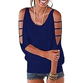 Womens Summer Cold Shoulder Tops 3/4 Sleeve T Shirts Pullover Casual Dolman Blouses