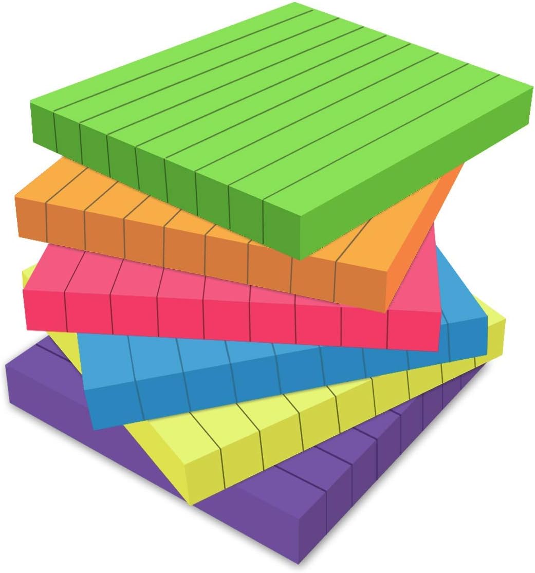 WeTest 6 Pack Color Lined Sticky Notes - Post Bright Stickies Colorful Super Sticking Power Memo Pads, Strong Adhesive, 100 Sheets/Pad(3X3 In)