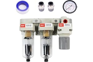 RIH Pneumatics 1/4'' NPT Auto Drain Compressed Air Double Filter & Regulator, Air Compressor Water Separator, Auto Drain, Poly Bowl,0-150 psi Gauge, 5 Micron Brass Element AC2110-02D(1/4 NPT)