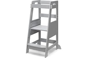 TOETOL Bamboo Toddler Step Stool Grey Learning Standing Helper Tower for Toddlers Kitchen Stools Counter 3 Height Adjustable Helper with Non-Slip Mat