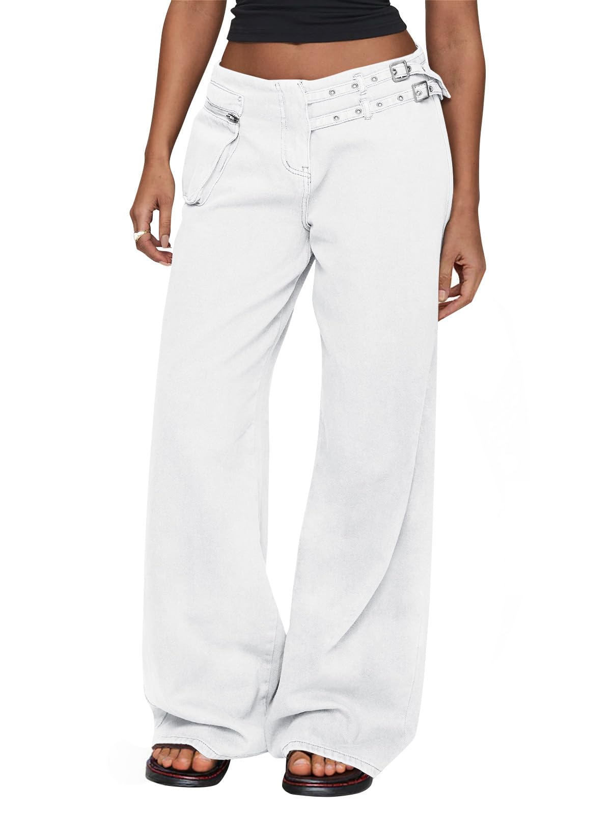 Photo 1 of Cicy Bell Womens Wide Leg Jeans with Buckle Detail Casual Mid Rise Boyfriend Baggy Denim Pants with Pockets 2025 White