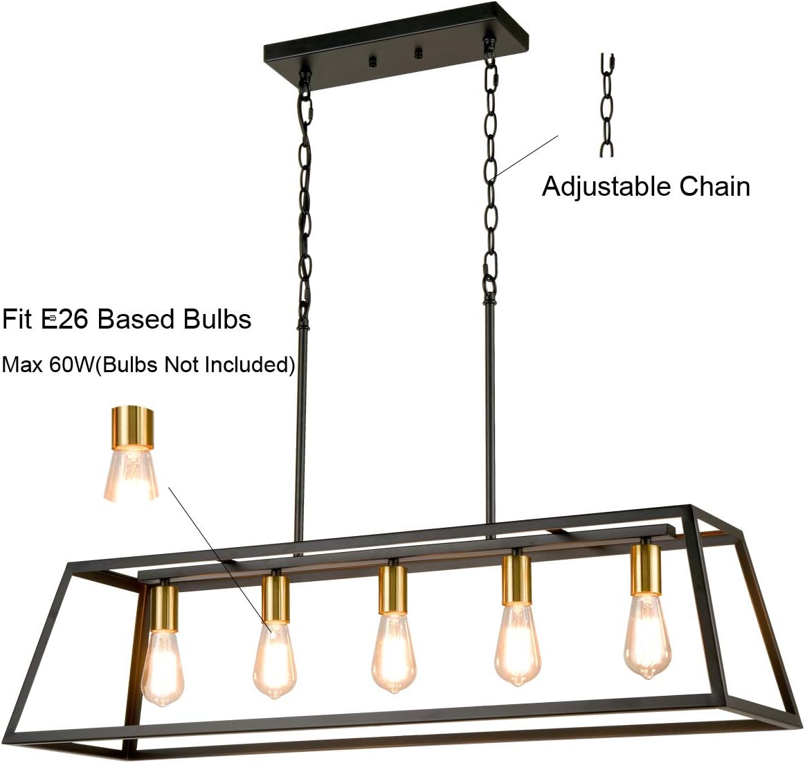 5-Light Kitchen Island Pendant Lighting, Industrial Island Chandelier with Metal Adjustable Chain for Dinning Room Kitchen - - 