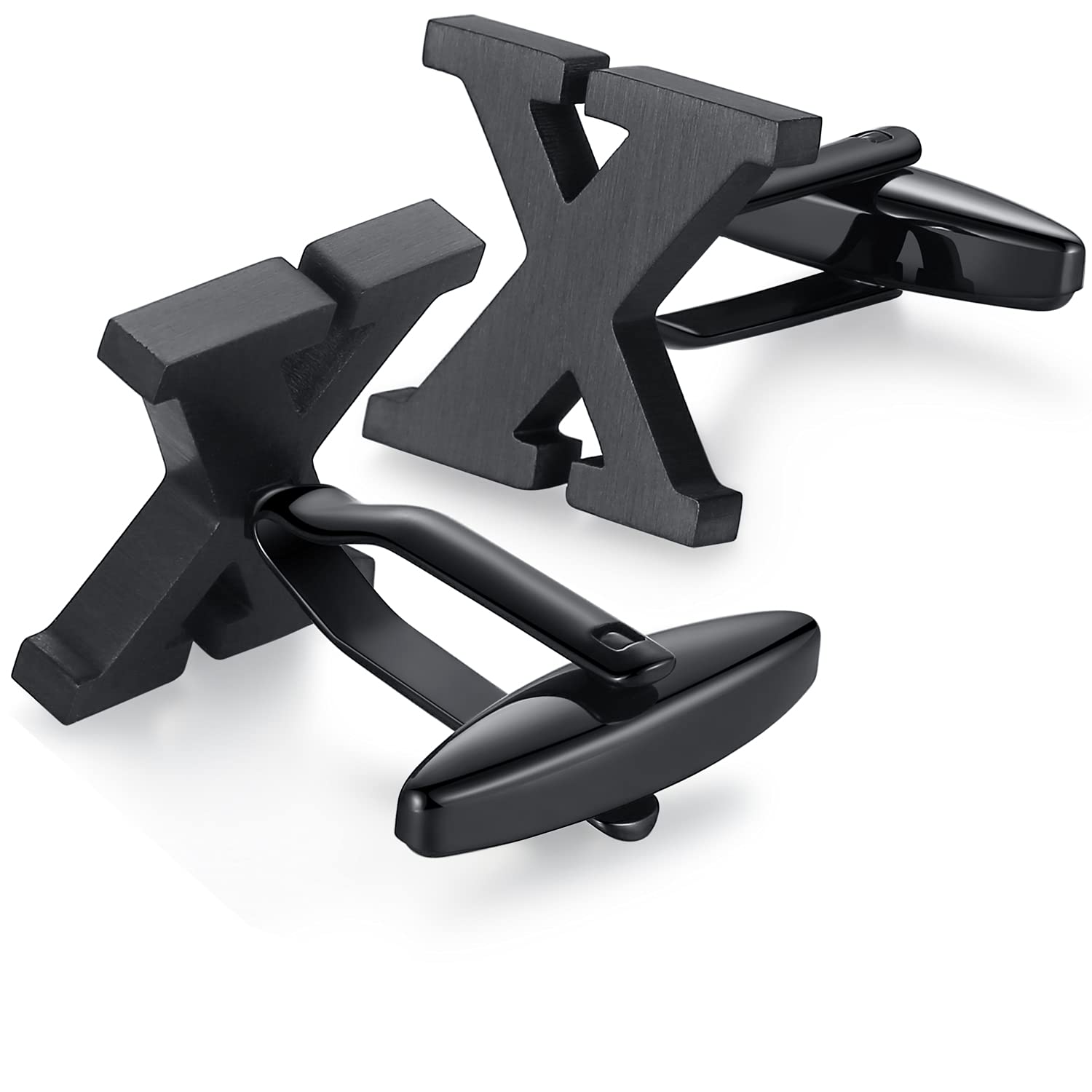 HONEY BEAR Mens Initial Alphabet Letter Cufflinks,Stainless Steel for Wedding Formal Business Gift(X-Black)