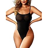 Kaei&Shi Mesh Bodysuit For Women,Spaghetti Strap Backless High Cut Sexy Body Suit,One Piece Sheer Top Rave Outfits Club Date