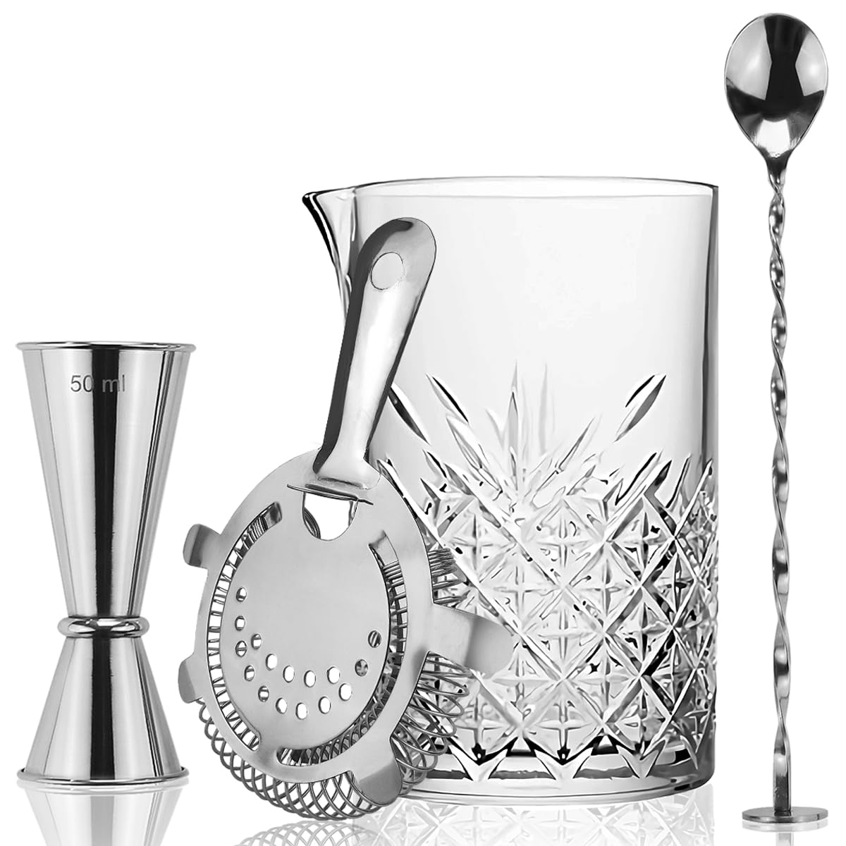 FLOW Barware Glass 4Piece Cocktail Mixing Set, Silver, 700 ml Mixing Glass, Hawthorne Strainer, Japanese Drinks Jigger & Mixing Spoon