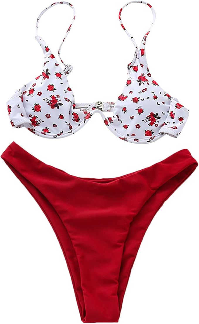 Y56 Damen Zweiteiliger Bikini Set, Blumenmuster Hoch Geschnitt Bikini