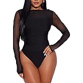 Pasgreson Women's Sexy long sleeve Bodysuit See Through Tops Party Night Out Club Outfits Slim Leotard Body Suits