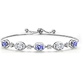 Gem Stone King 925 Sterling Silver Blue Tanzanite and White Topaz Bracelet For Women | 4.25 Cttw | Gemstone December Birthstone | Oval 7X5MM | Fully Adjustable 9 Inch