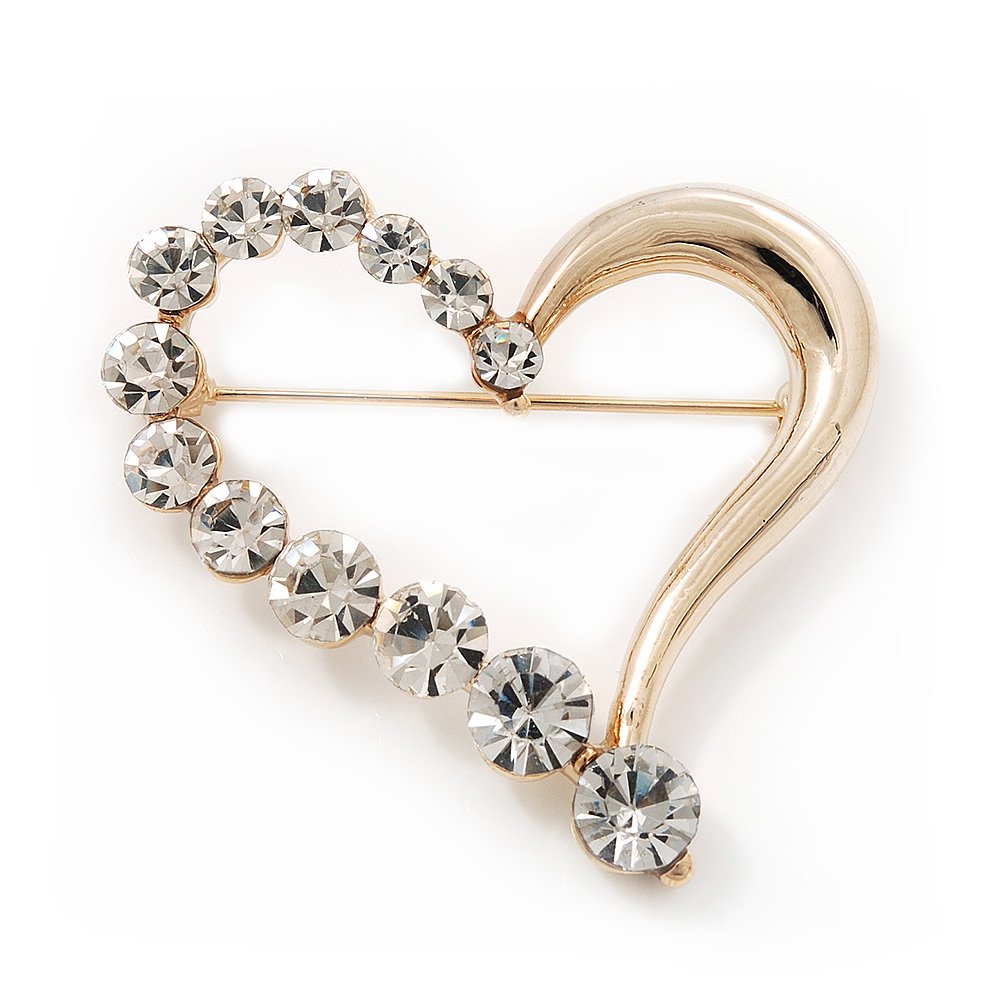 Gold Plated Open Crystal 'Heart' Brooch - 4cm Length
