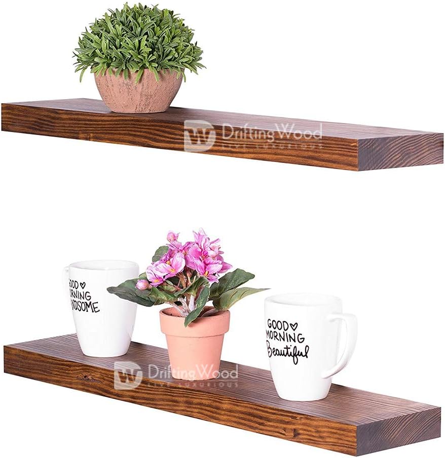 Driftingwood Floating Wall Shelf for Living Room | Set of 2 Wall Shelves | Pine Wood, Size 36 Inch | Bourbon Finish
