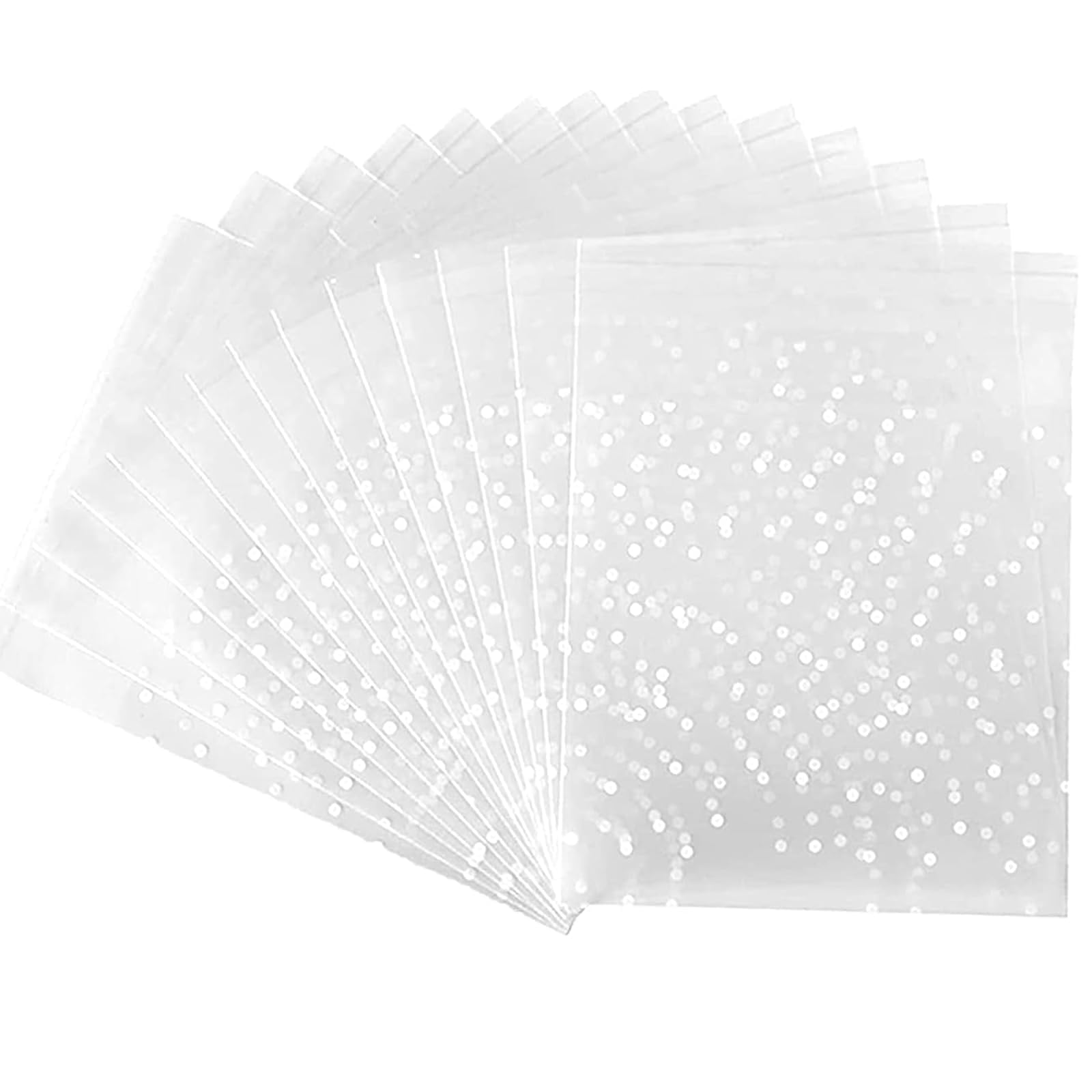 Tsathoggua 200 Pcs Clear Cellophane Bags, Cookie Bags, White Polka Dot Packaging Bag Plastic Small Sweet Bags for Bakery, Cookie, Candies, Gift (10 x 10+3 cm)