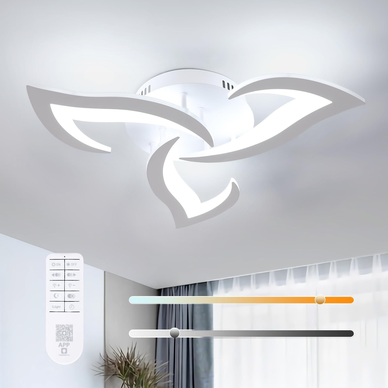 Goeco Modern Ceiling Light, Dimmable Acrylic Ceiling Light with Remote Control (3000K-6500K), 3-Head Flower Shape LED Ceiling Lamp for Living Room, Bedroom, Dining Room, Kitchen