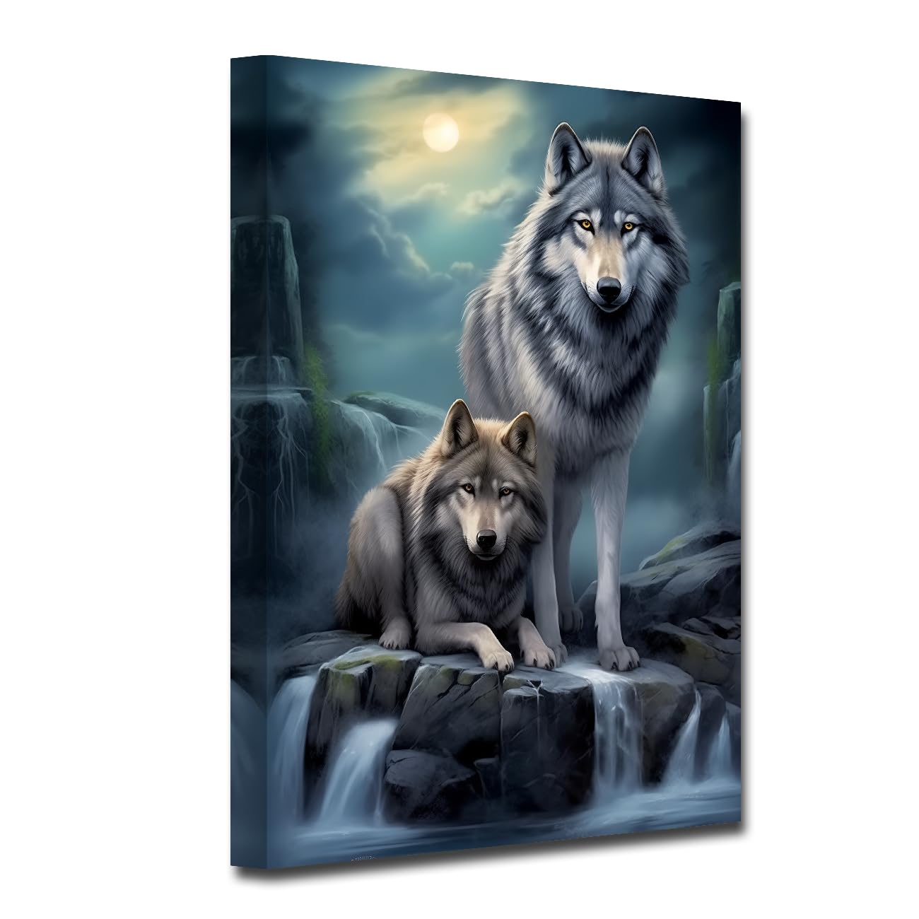 CXHOSTENT Wolf Wall Art Wolves in the Mountains Canvas Prints Full Moon Painting Wildlife Landscape Forest Poster for Home Decor Framed (Wolf-1, 40.00 x 60.00 cms)