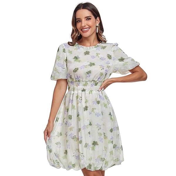 UTOKOTO WOMEN’S GARDEN SUMMER BOHO DRESSES RUFFLED ROUND NECK PLEATED SLEEVE TIE BACK STRAP IMPERIAL WAIST BEACH FLORAL MINI SKIRT (US, ALPHA (ALPHA), S, REGULAR, LIGHT GREEN), SMALL