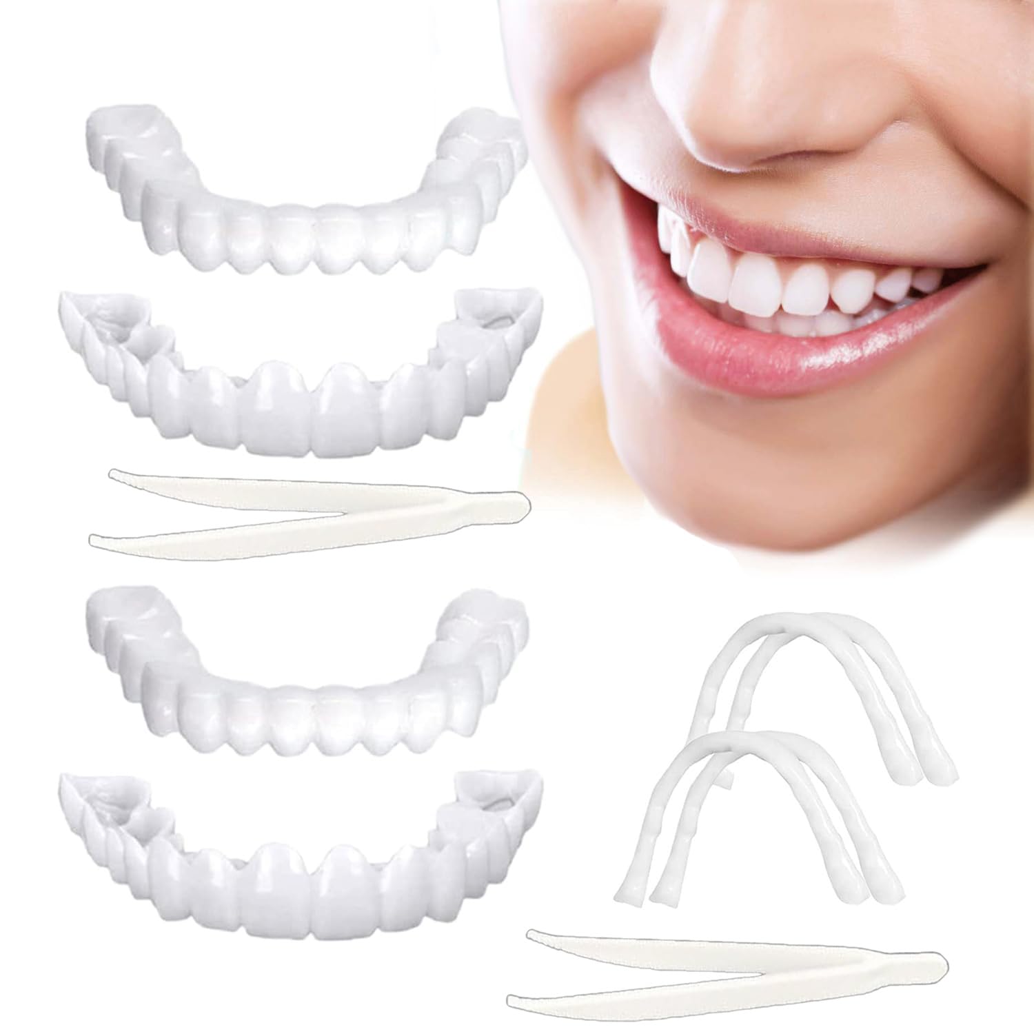 Photo 1 of FakeVeneers Teeth Natural White and 2 Clips 4 Pairs of Adjustable Smile Aids – for Both Men and Women, Full Set with Upper and Lower Pieces, Help You Regain a Confident Smile