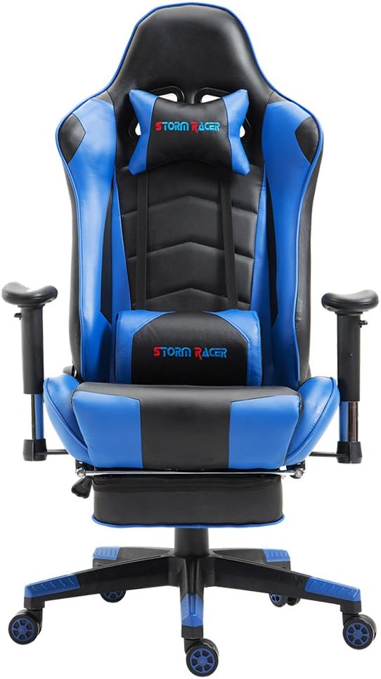 Storm Racer Ergonomic Gaming Chair High back Swivel Computer Office Chair with Footrest Adjusting Headrest and Lumbar Support Racing Chair (Blue)