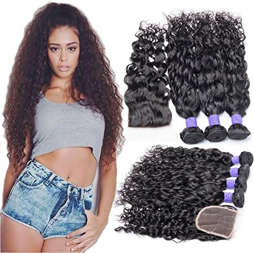 7A Brazilian Virgin Hair Bundles with Closure Water Wave 3 Bundles With Free Part Closure Wet And Wavy Virgin Human Hair Weave Natural(12 14 14with 10)