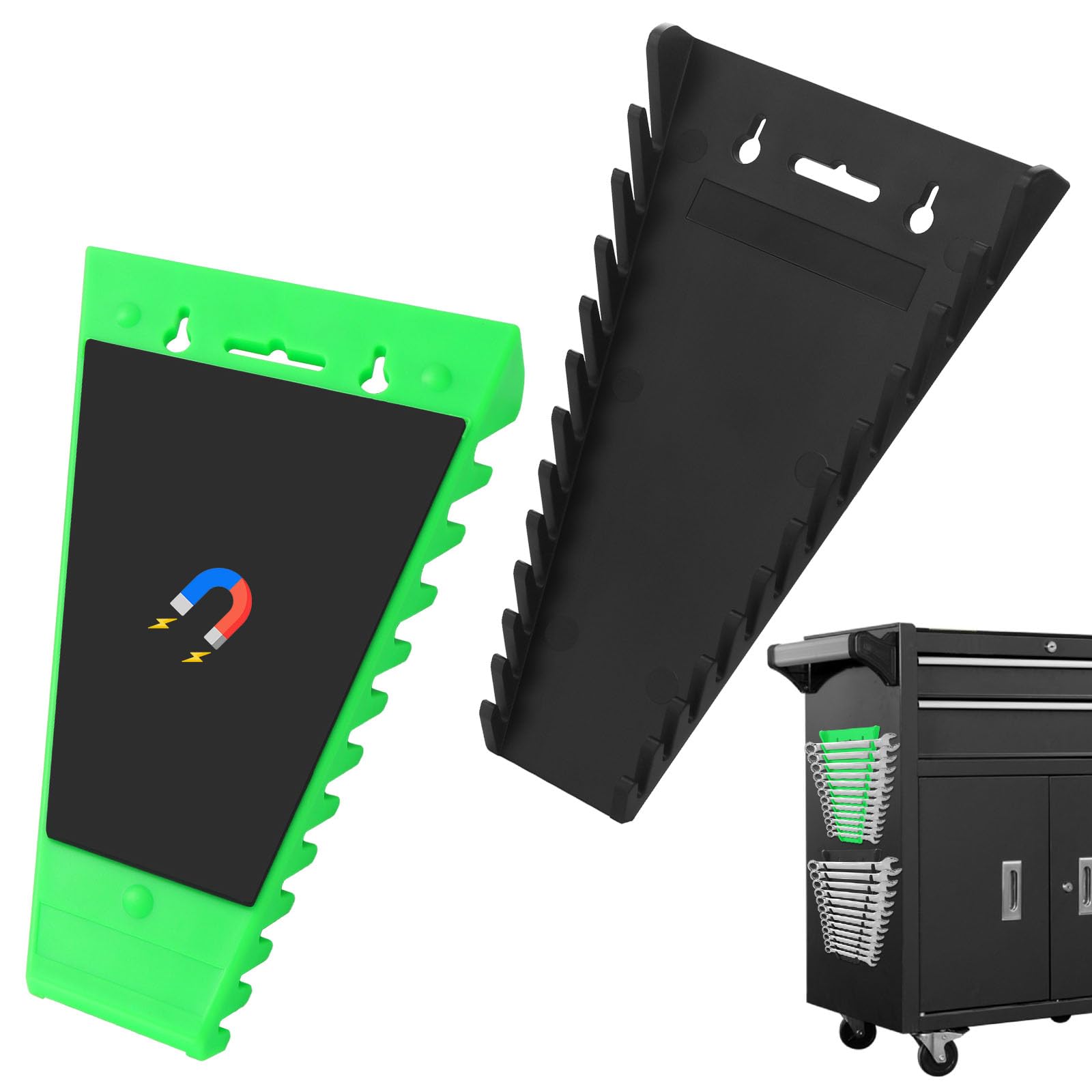 Faankiton 2PCS Magnetic Wrench Organizer, Wrench Holder Tray, Wrench Rack Tool Trays, Spanner Organizer Tray 24-Slots Removable Spanner Holder Storage Rack SAE(1/4" - 1/16") and Metric (6mm-24mm)