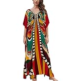 IMAGEKOPE Women's Plus Size Loose Fit Moroccan Print V-Neck Batwing Kaftan Beach Dress Bathing Suit Cover Up