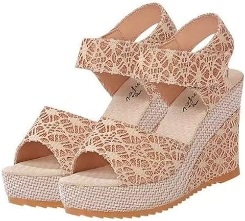 Amazon Kanetsu カネツー サンダル レディース 厚底 ヒール アンクルストラップ 厚底サンダル レース柄 23 ベージュ Kanetsu ファッションサンダル