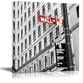 Black and White Photograph with Pop of Color on The Wall Street Sign - Canvas Art Home Art - 12x12 inches