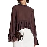 GORGLITTER Women's Ruffle Chiffon Long Sleeve Top Mock Neck Tie Back Cropped Shirts Dressy Business Work Office Blouse