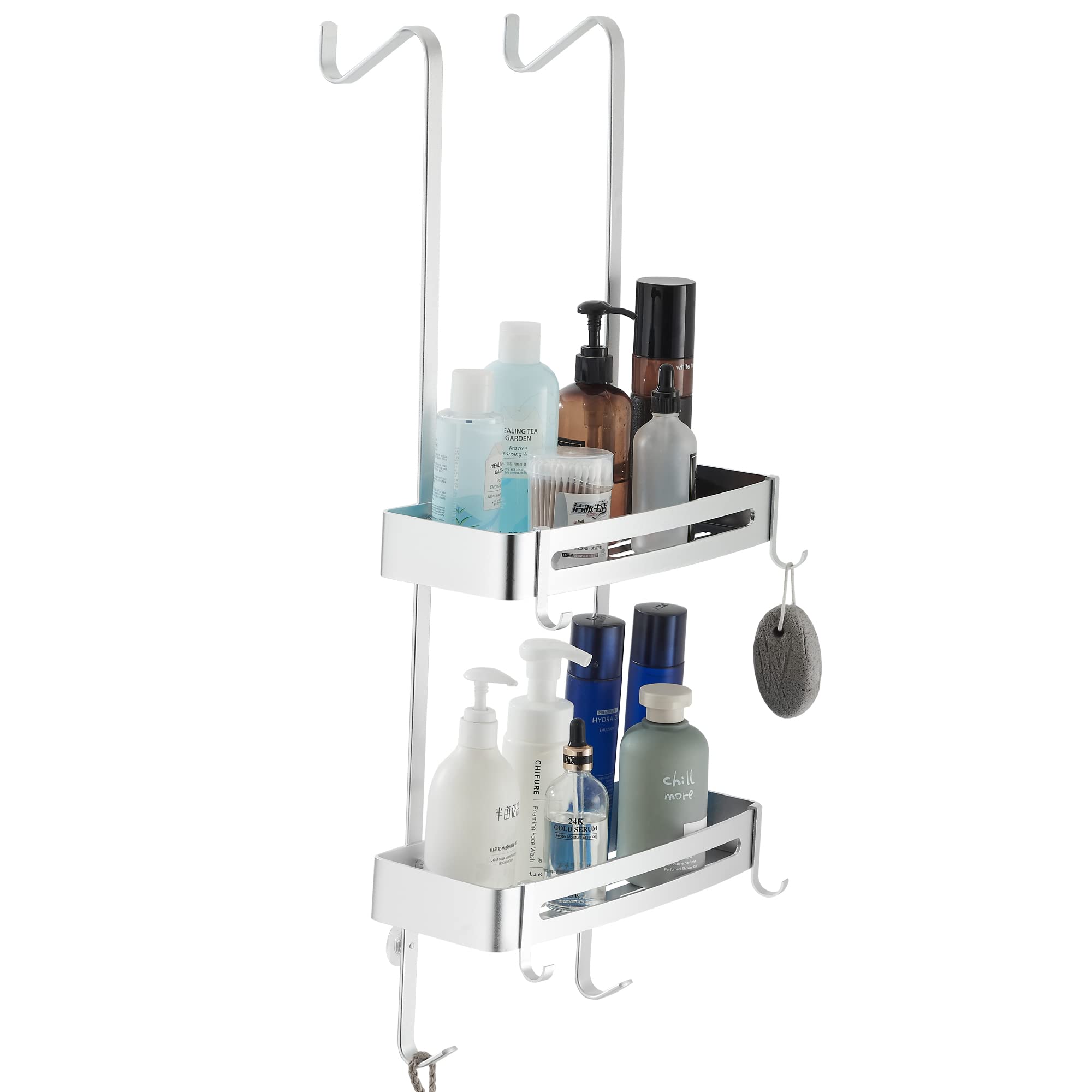 MOGFCT Bathroom Shower Caddy Over The Door Hanging Shower Organizer Storage Aluminum Shower Shelf Rust Proof Bathroom Shelves Basket Rack with Hook Rust Free (Sliver)