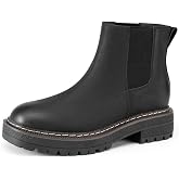 Athlefit Women's Chunky Low Heel Slip On Short Ankle Boots | 1.57-Inch Chunky Low Heel Short Booties, Non-Slip Lug Sole, Round Toe, Elastic Side, Ideal for Fall Winter Walking Daily Wear