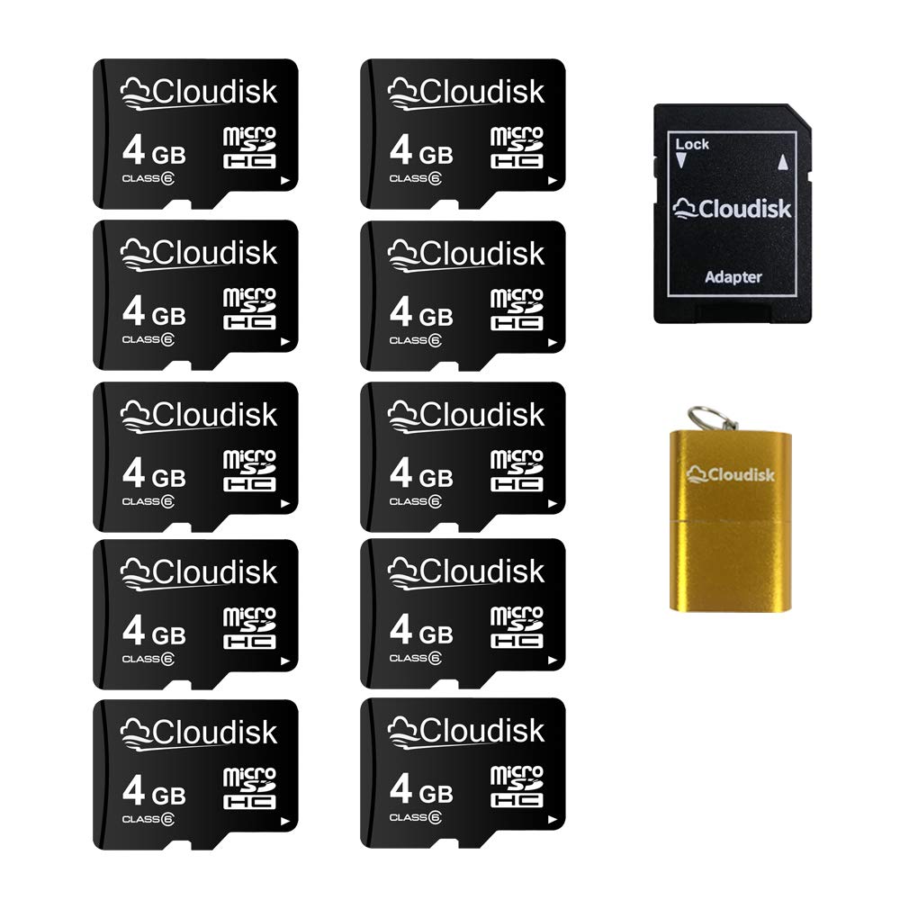 Cloudisk Pack of 10 Micro SD Card 4GB Flash Memory Card C6 Micro SDHC with SD Adapter, Card Reader