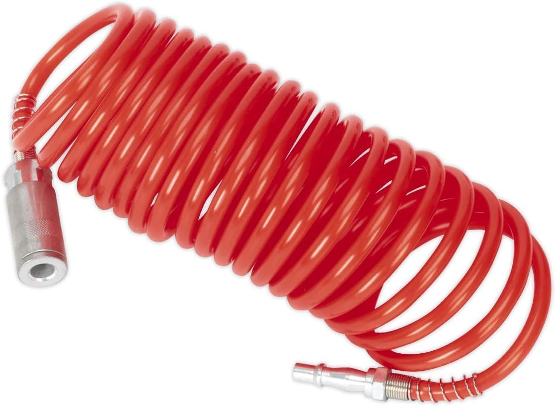 Sealey Sa305 Pu Coiled Air Hose 5Mtr X, Red, 5m x 5mm diameter