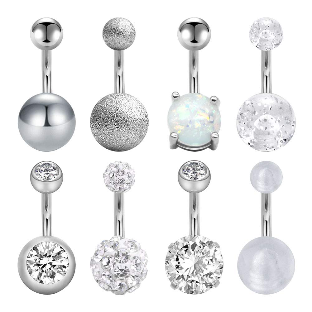 Mayhoop 8pcs Belly Bars 14G 8mm Stainless Steel Silver Opale Belly Button Rings Women's Jewelry