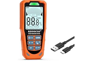 RDINSCOS 6-in-1 Pinless Moisture Meter, Non-Destructive Moisture Detector for Wood, Drywall, Plaster, Screed & Concrete, Rech