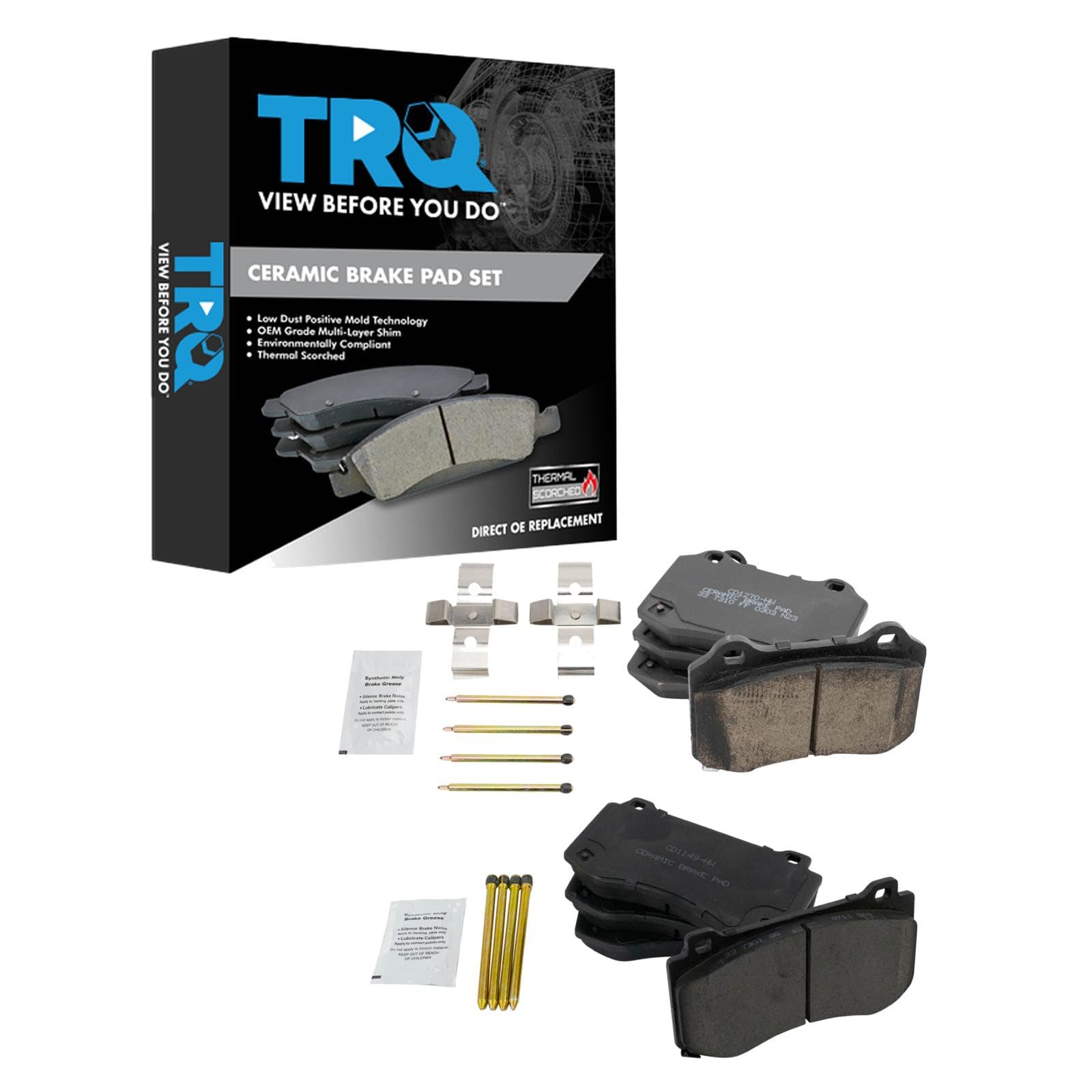 TRQ Front and Rear Brake Pad Set Ceramic Hardware Compatible with 2005-2014 Chrysler 300 2006-2008 Magnum 2006-2018 Dodge Charger 2008-2018 Challenger 2006-2010 Jeep Grand Cherokee Image