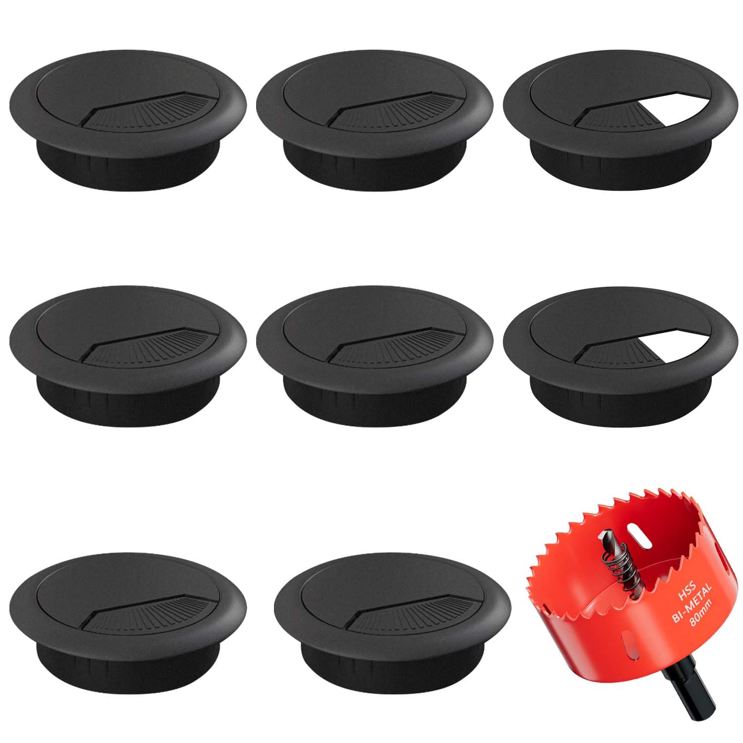 Desk Grommet 80mm (3-1/8 inch) - 8 Pack Black Cable Grommet & Desk Hole Cover with Hole Saw for Cables, Cord Management for Office, TV, and Home Table