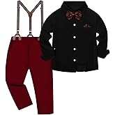 Toddler Boys Semi Formal Outfit 3pcs Sets Short Dress Shirt Suspender Pants Bow Tie for 1-5 Years