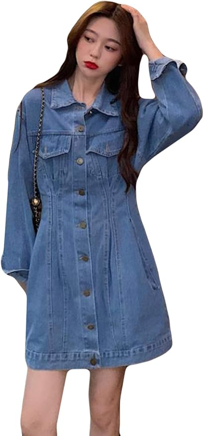 Amazon Debangniデニムワンピース レディース ゆる 無地 スリム デニム チュニック ファッション 長袖ワンピース ドレス 韓国風 無地 秋 デニムワンピース エレガント ワンピース チュニック 通販
