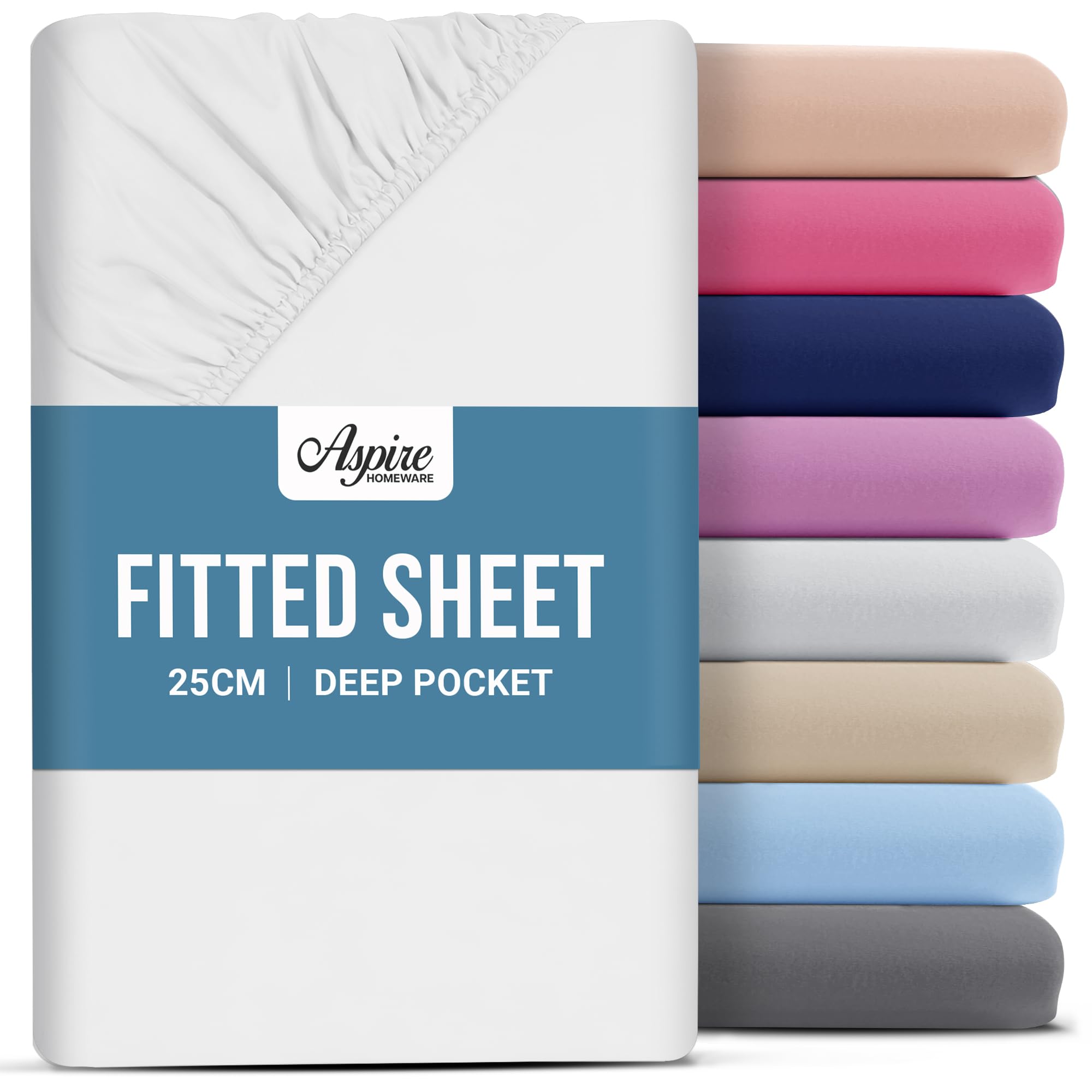 Aspire Homeware Double Fitted Sheet - 25 cm Deep Hotel Quality (White) Bed Sheets - Soft & Breathable Fitted Bed Sheets Double - Anti-Wrinkle Easy Care Fitted Sheets