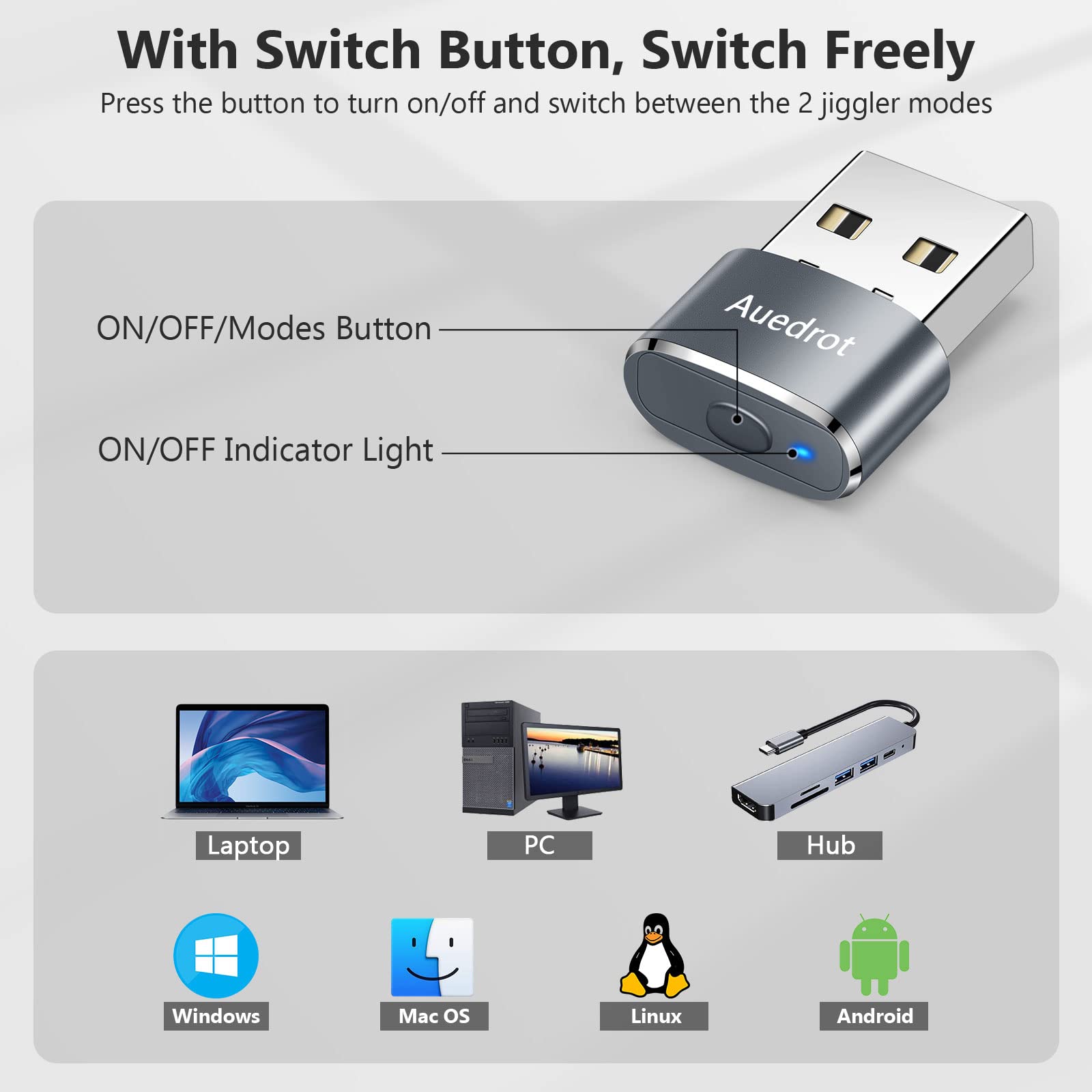 AUEDROT Mouse Jiggler Undetectable Mouse Jiggers USB Mouse Mover with Switch Button, Automatic Mouse Wiggler with 2 Jiggle Modes, Mouse Mover Device, Plug & Play, Keep Computer/Laptop Awake, Gray