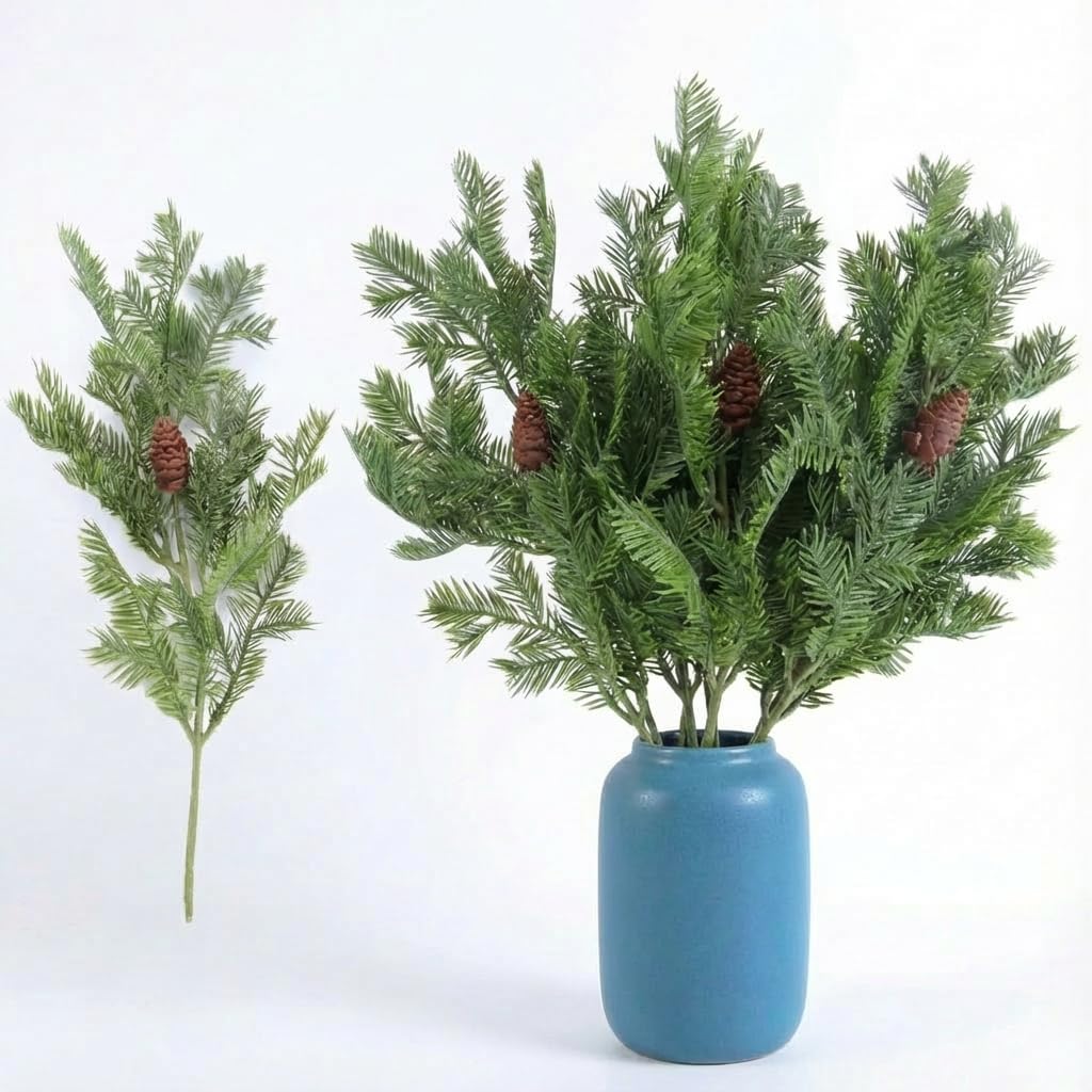 Lifreer Christmas Tree Branches Large Artificial Pine Branches Christmas Tree Picks Green Needles With Cones for DIY Garland Wreath Home Garden Decoration, 45cm/17.7Inches, 5Pcs