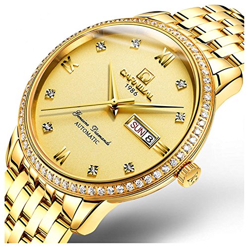 Men's Automatic Mechanical Watch Sapphire Glass Date Stainless Steel Waterproof Fashion Mens Gold Watches (Gold)