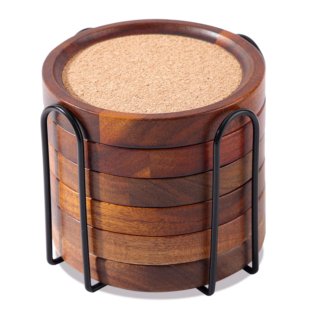 WLWNWFT Wooden Coasters Round for Glasses, Set of 6, Glass Coasters Made of Acacia Wood and Cork with Holder, Coasters Glasses Cork for Drinks, Bar, Cups, Glass