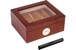 Somduy Cigar Humidor for 30-50 Cigars with Humidifier and Hygrometer,Desktop Cedar Wood Cigar Box Storage Case with Divider, Glass Top, Gift for Men,Rustic Brown